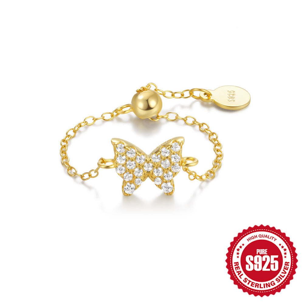 New925Sterling Silver Heart Butterfly Inlaid Diamond Ring for Women Hot Sale Trendy Adjustable Open Chain Ring