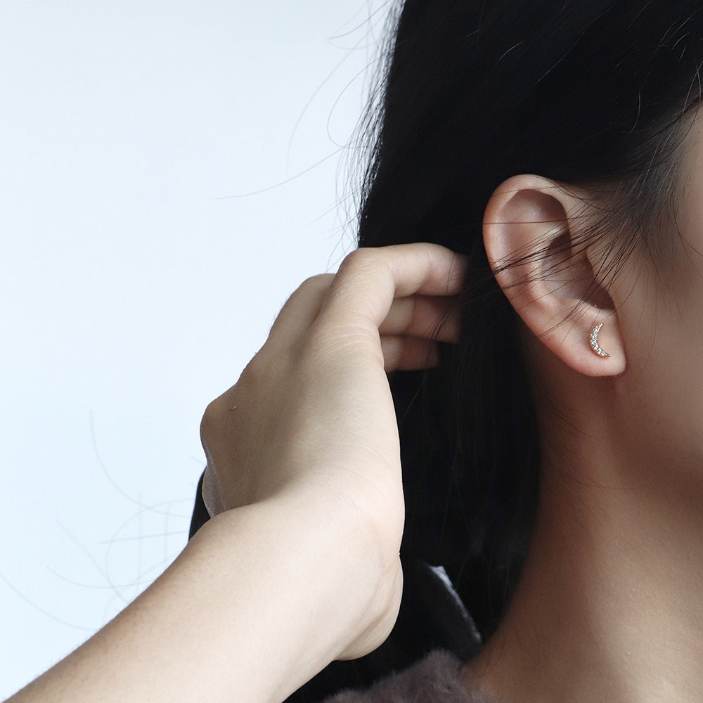 Charm&In Gold-Plated Zircon Crescent Earrings for Women Silver Ear Studs Moon Zircon Ear Bone Studs Ear Jewelry