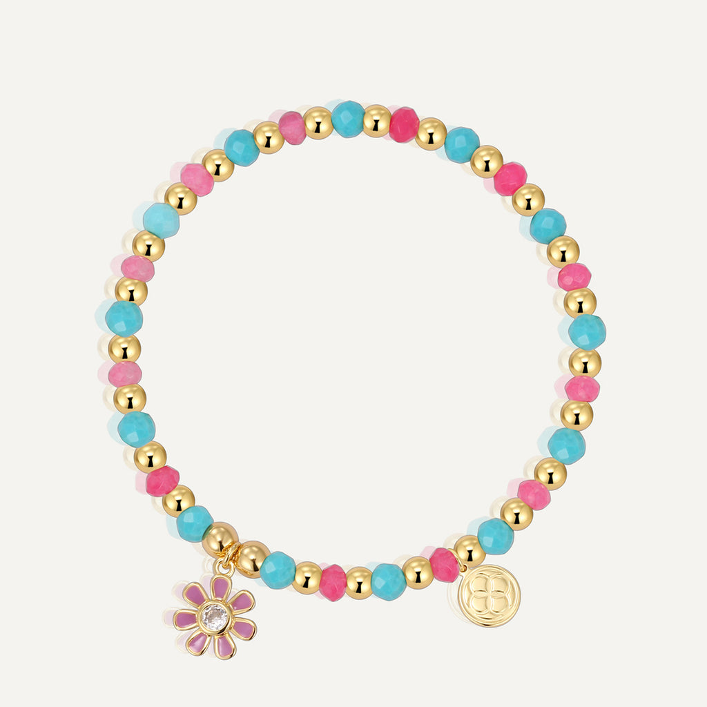 B0301 Pink Daisy Inlaid Zircon Bracelet Blue Shell Chalcedony Beads