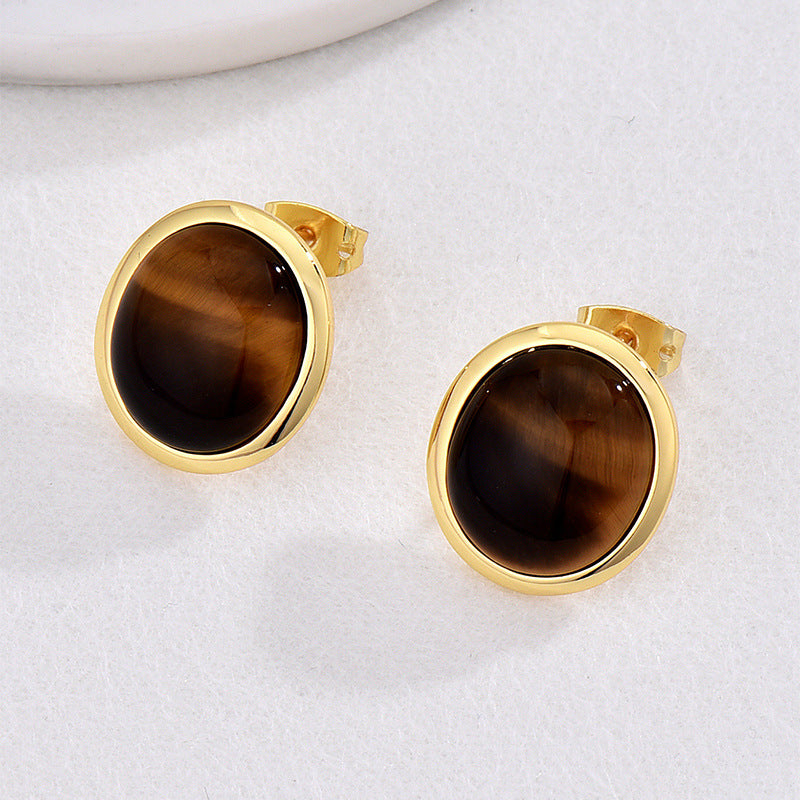 Gold-Plated Brass Round Tiger Eye Earrings with round design details