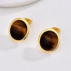 Gold-Plated Brass Round Tiger Eye Earrings with round design details