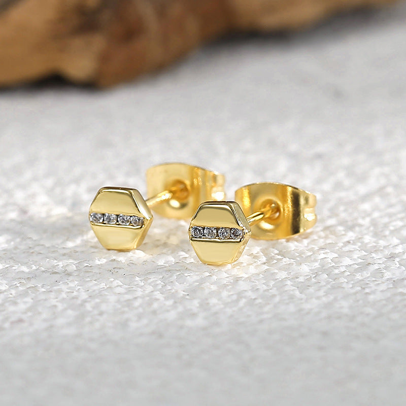 E0361 Wind Ornament Geometric Zircon Inlaid Earrings for Women Hexagonal Earrings Neutral Style