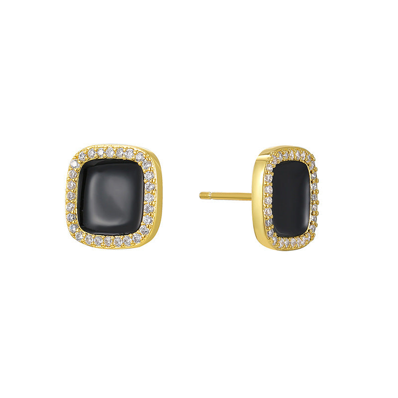 E0715 Korean Style Black Square Epoxy Stud Earrings for Women Simple Fashion Micro Inlaid Zircon Earrings
