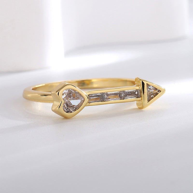R0315 Simple Cupid's Arrow Zircon Ring for Women, Copper Plated with Real Gold, Vintage Versatile Heart-shaped Ring