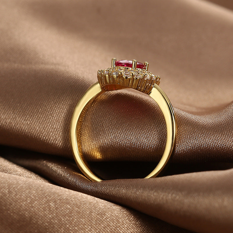 R0376 Fashion Design Red Zircon Ring for Women Copper Plated with Real Gold Micro Inlaid White Zircon