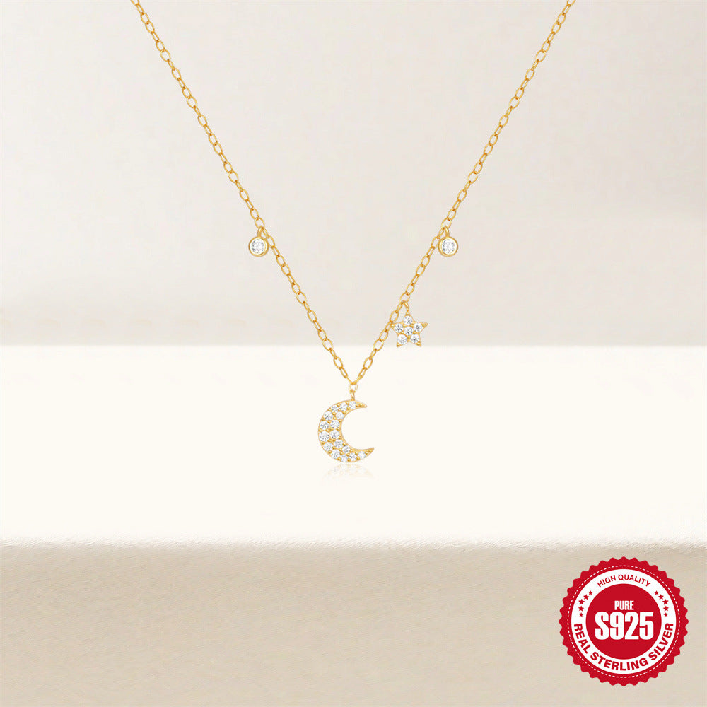 Sterling Silver Star Moon Diamond Necklace Layered Collarbone Chain