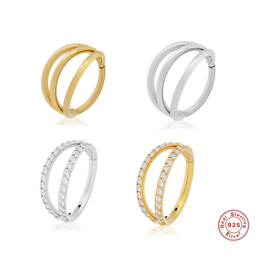 S925Sterling Silver Double Layer Diamond-Studded Cartilage Piercing Ear Bone Stud Nose Stud Minimalist Smooth Nose Ring Trendy Ear Cartilage