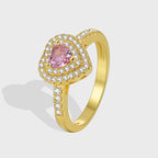 R0537 Fashion Cute Heart-Shaped Pink Zircon Ring for Women Micro-Paved White Zircon Type Ring