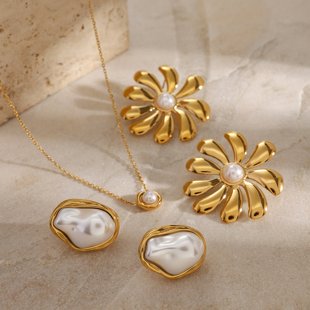 2H Stainless Steel Pearl Necklace Ring Exaggerated Earrings Set Decorations