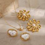 2H Stainless Steel Pearl Necklace Ring Exaggerated Earrings Set Decorations