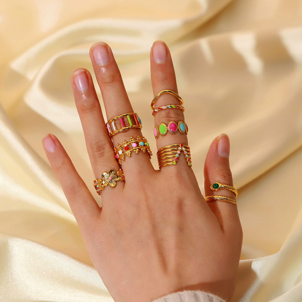 2H New 18K Gold-plated Stainless Steel Ring Women's Fashion Geometric Colorful Oil Drop Ring Jewelry