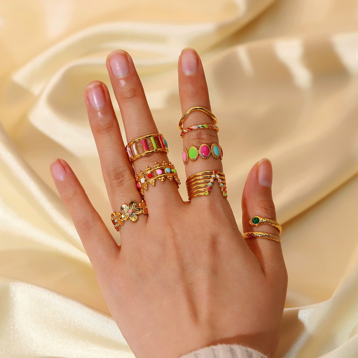 2H New 18K Gold-plated Stainless Steel Ring Women's Fashion Geometric Colorful Oil Drop Ring Jewelry