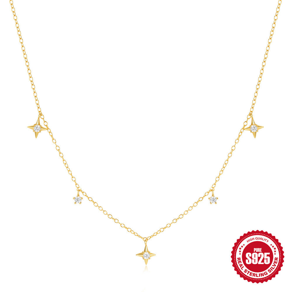 Sterling Silver Four-Pointed Star Diamond Collarbone Necklace