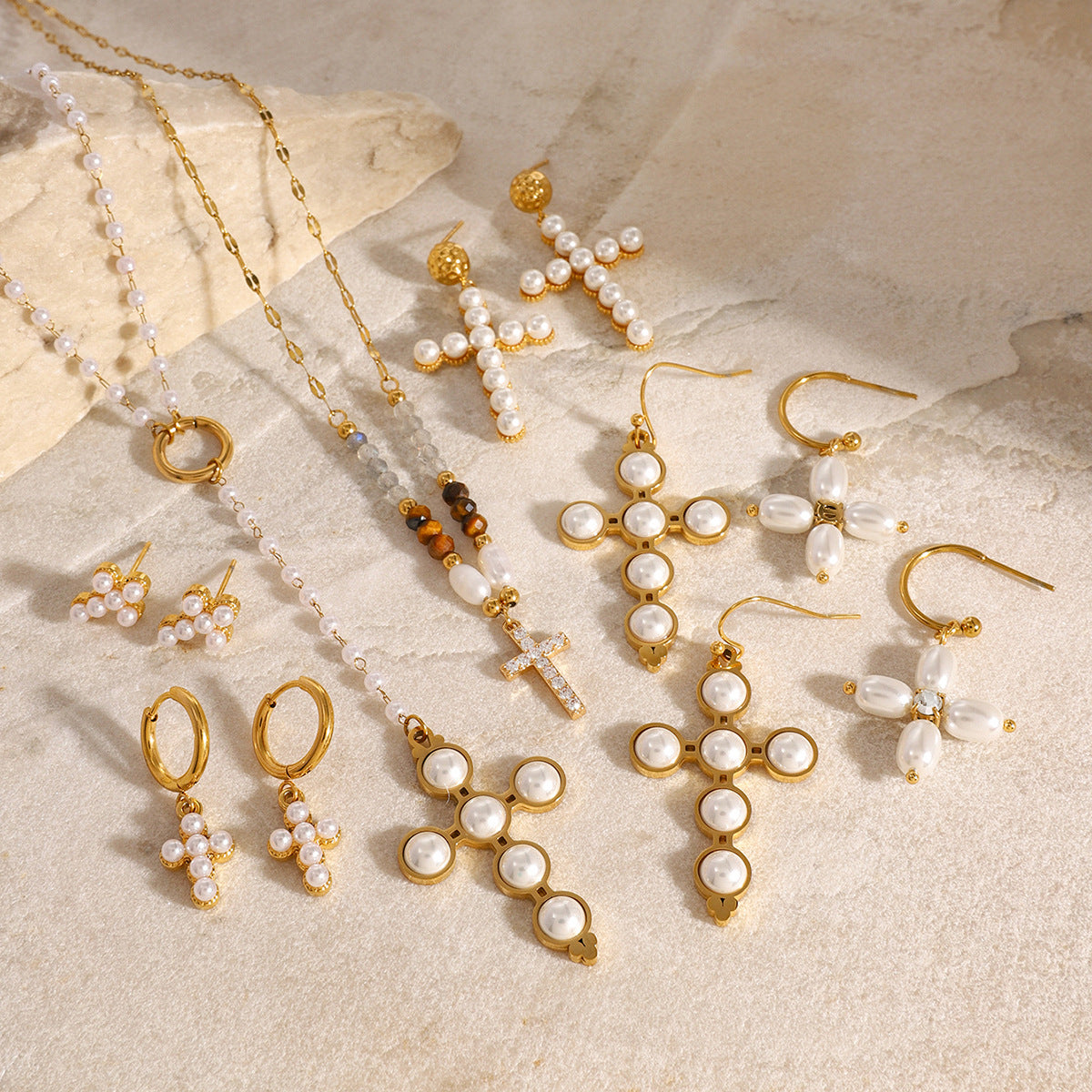 2H Jewelry Stainless Steel Pearl Necklace Cross Earrings Earrings Women