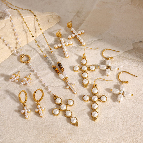 Cross Pearl Gold-Plated Stainless Steel Pendant Necklace — front view