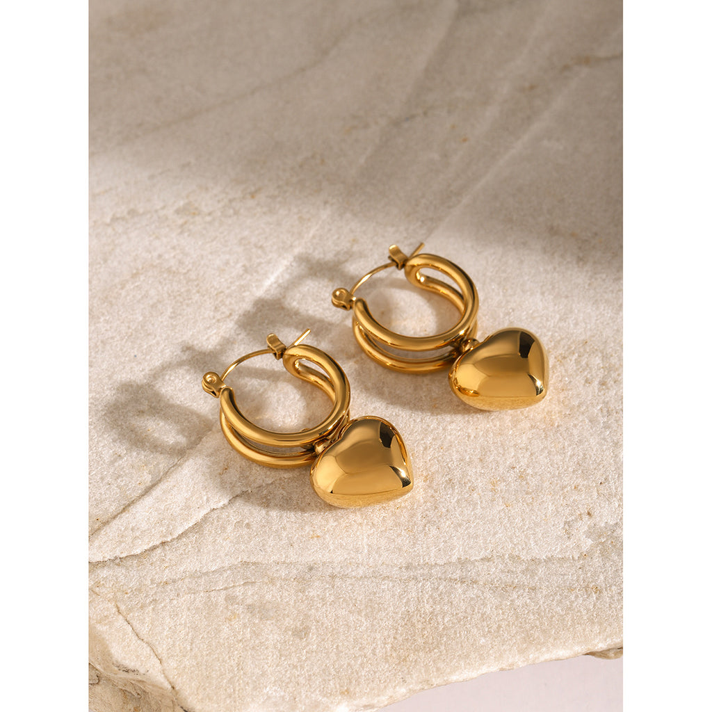 2H18K Gold Stainless Steel Glossy Heart Earrings for Women2025New Summer Sliding Love Heart Pendant Earrings