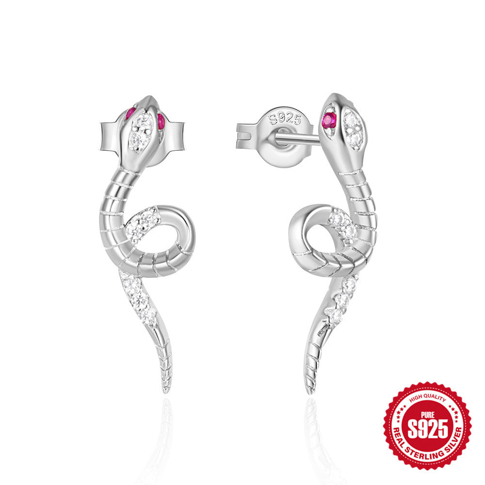 New925Sterling Silver Color Diamond Snake-shaped Ear Jewelry Ear Stud Creative Micro-inlaid Zircon Full Diamond Earrings