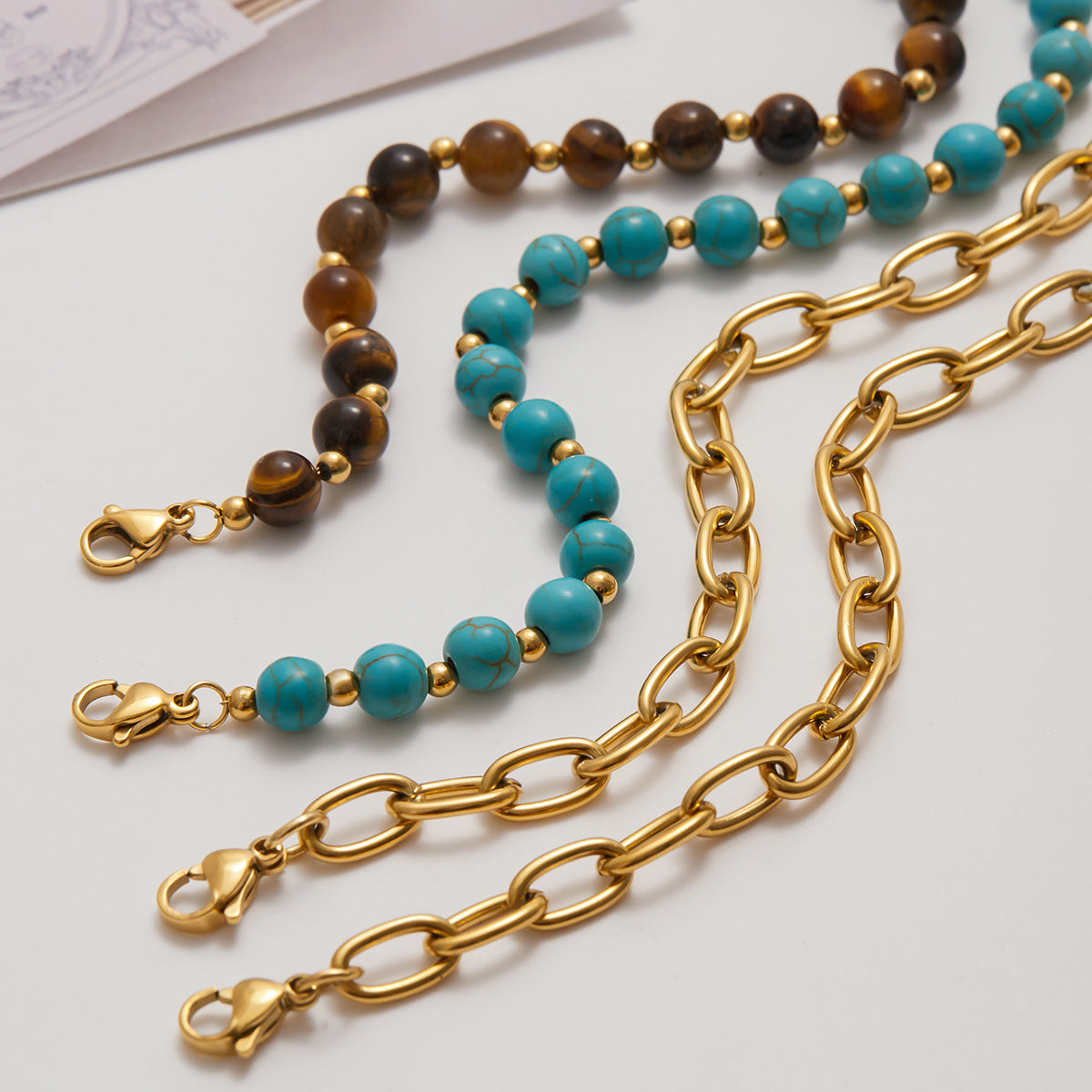 2H Stainless Steel Blue Turquoise Tiger Eye Stone Bracelet Stackable Non-Fading