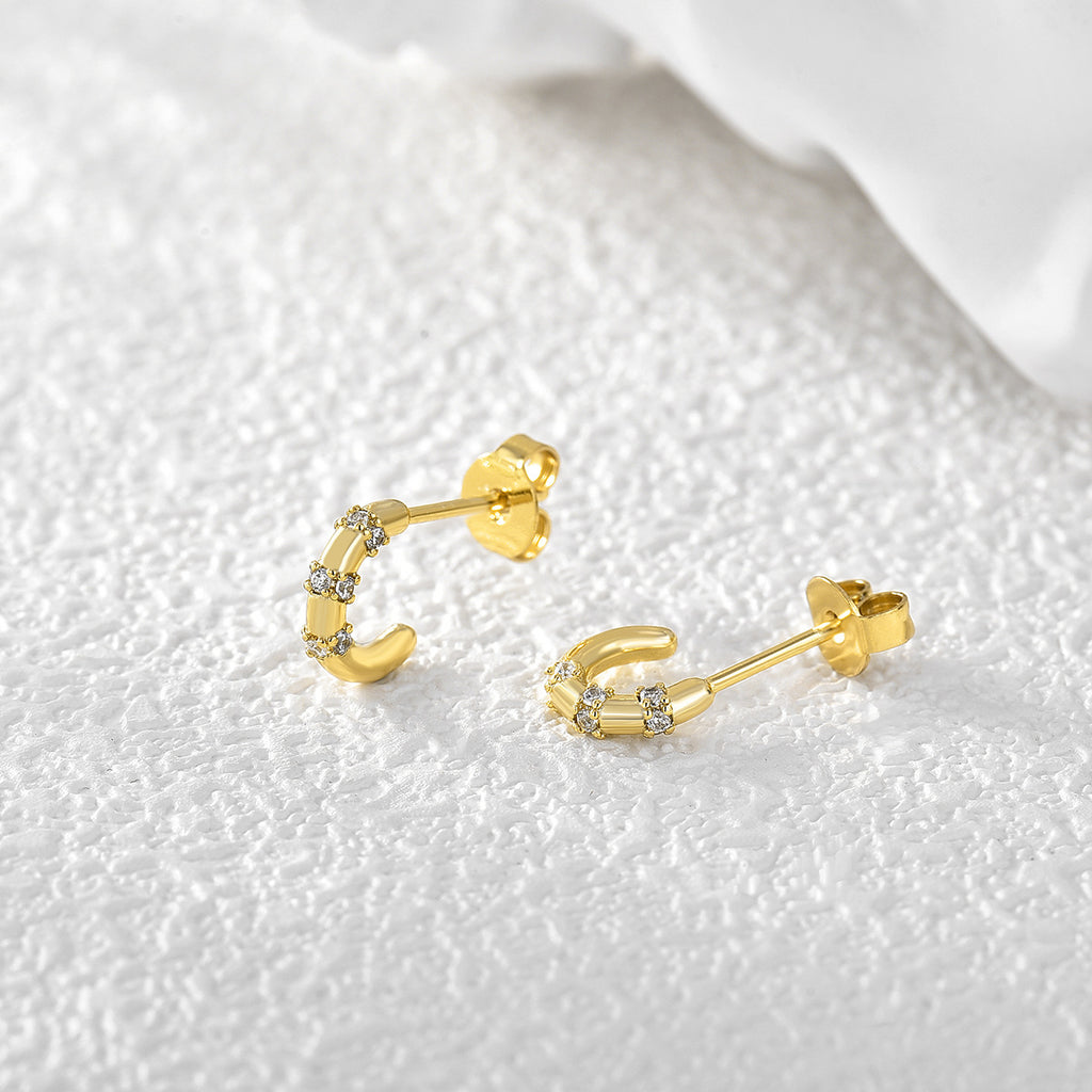 E0043 Earrings Studs for Women Semi-circle Inlaid Diamond Simple Design New Gold-plated Korean-style Earrings for Women