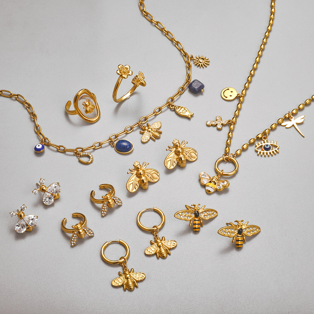 Stainless Steel Bee Earrings Ring Necklace Ring Non-Fading Bracelet