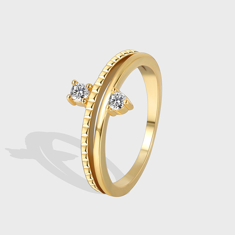 R0244 Brass Gold-Plated Joint Ring One-Piece Wholesale Fashion Personality Double Zirconia Ring