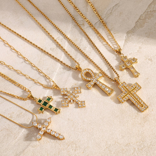 Cross Cubic Zirconia Gold-Plated Stainless Steel Pendant Necklace — design detail
