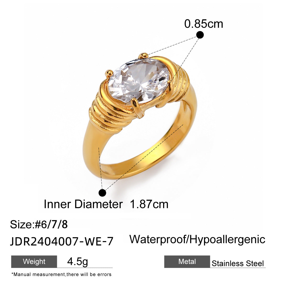 18K Gold Stainless Steel Ring Trendy Same Style Threaded White Rhinestone Ring for Women