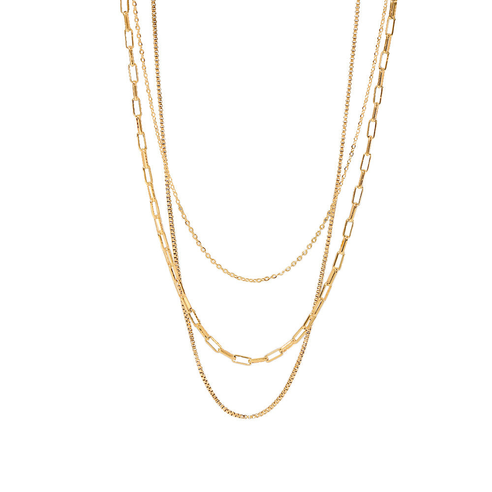 Vintage18K Gold-Plated Paperclip Box Chain Stainless Steel Chain Necklace Ring Three-Layer Necklace Jewelry
