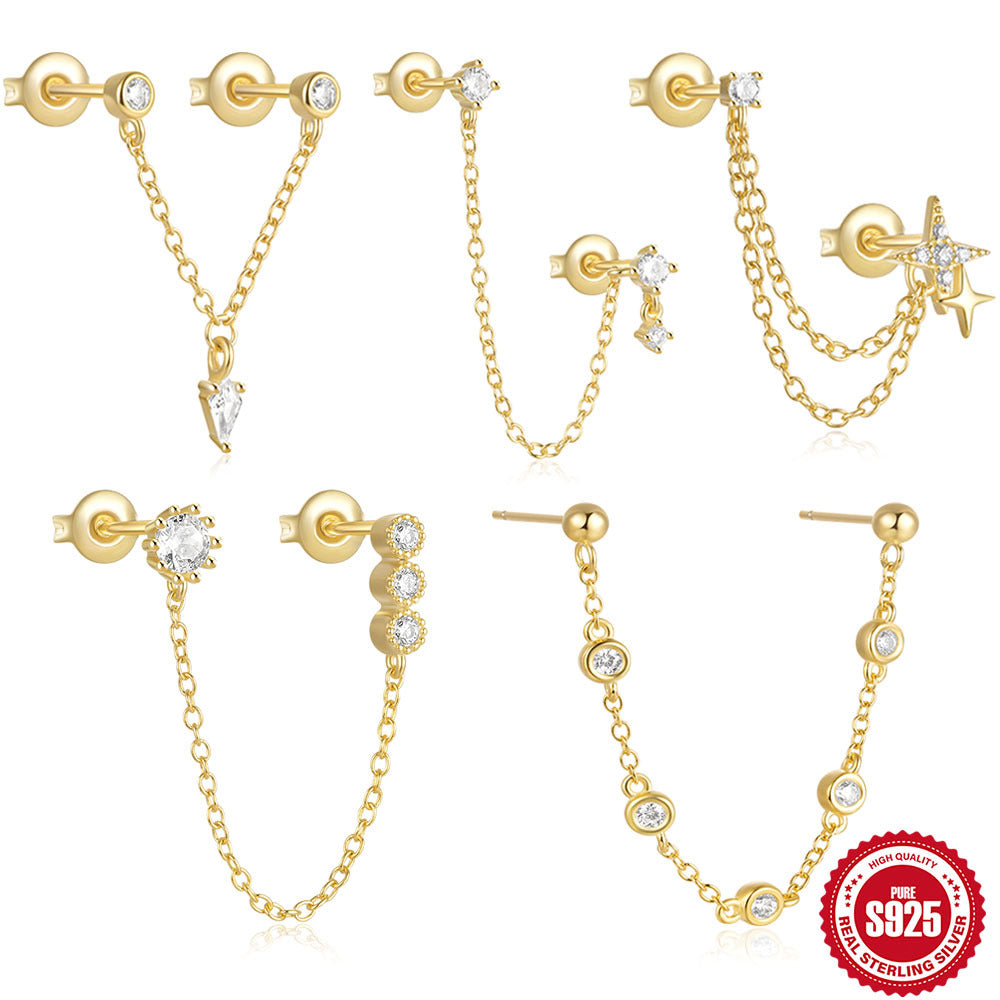 New925Sterling Silver Inlaid Diamond Five-Pointed Star Chain Tassel Ear Thread Earrings Hot-Selling Minimalist Style Earrings for Women