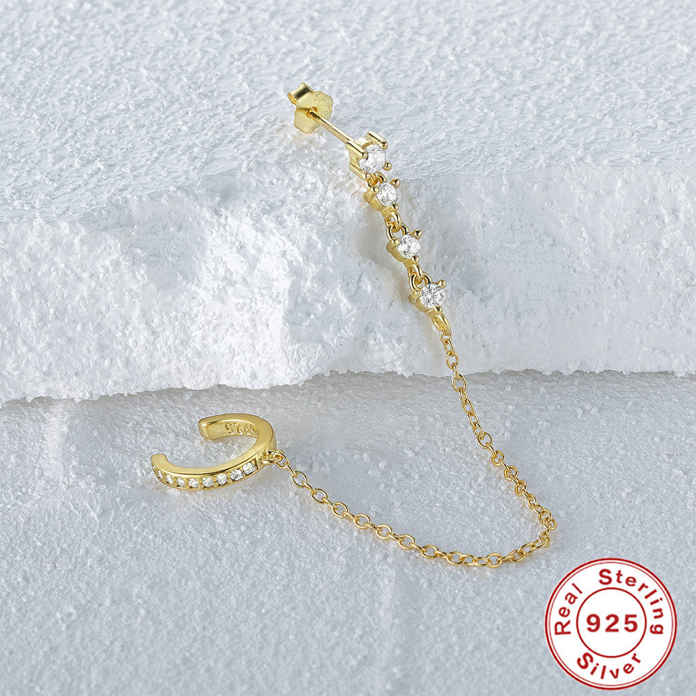 S925Sterling Silver Single Row Diamond-Studded Non-Pierced Ear Clips Tassel Single Diamond Stud Earrings Hot-Selling Earrings Jewelry