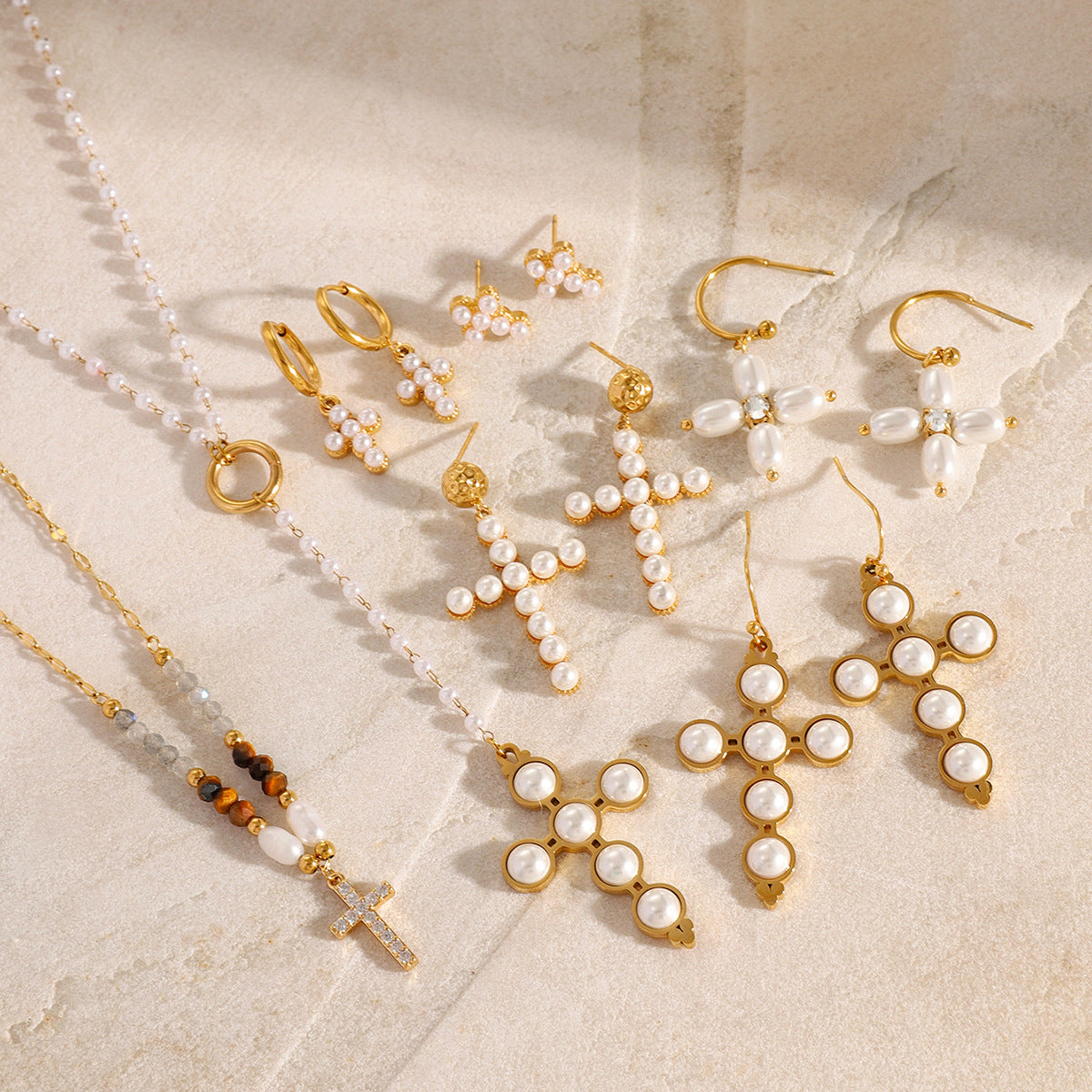 2H Jewelry Stainless Steel Pearl Necklace Cross Earrings Earrings Women