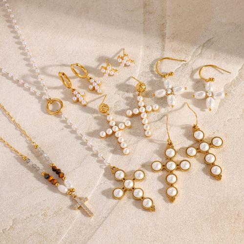 Cross Pearl Gold-Plated Stainless Steel Pendant Necklace — design detail