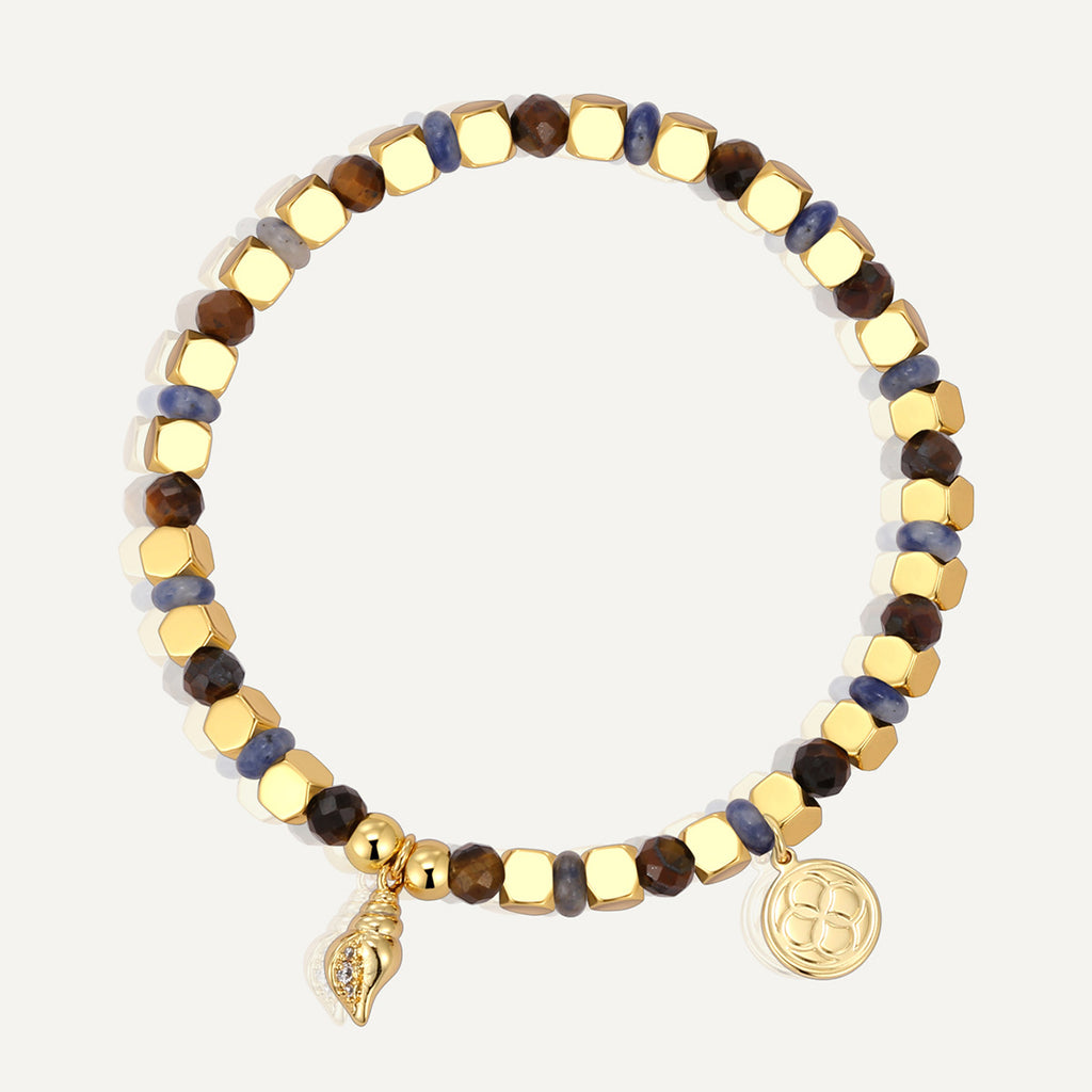 B0278 Bohemian Conch Inlaid Zircon Beaded Fashion Retro Tiger Eye Blue Vein Stone Bracelet