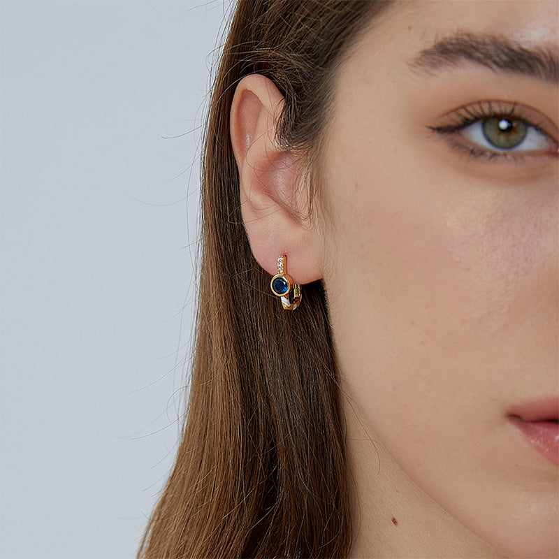 E0504 Design Sense Geometric Blue Zircon Earrings for Women Brass Gold-Plated Micro-Inlaid White Zircon Ear Clips