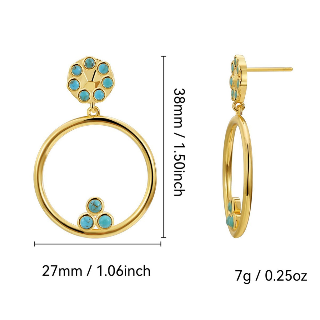 E0648 Korean Style Elegant Fashion Circle Earrings for Women Simple Retro Inlaid Blue Turquoise Hollow Earrings