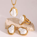 Stainless Steel Pearl Necklace Stud Earrings Exaggerated Ring18K gold Accessories