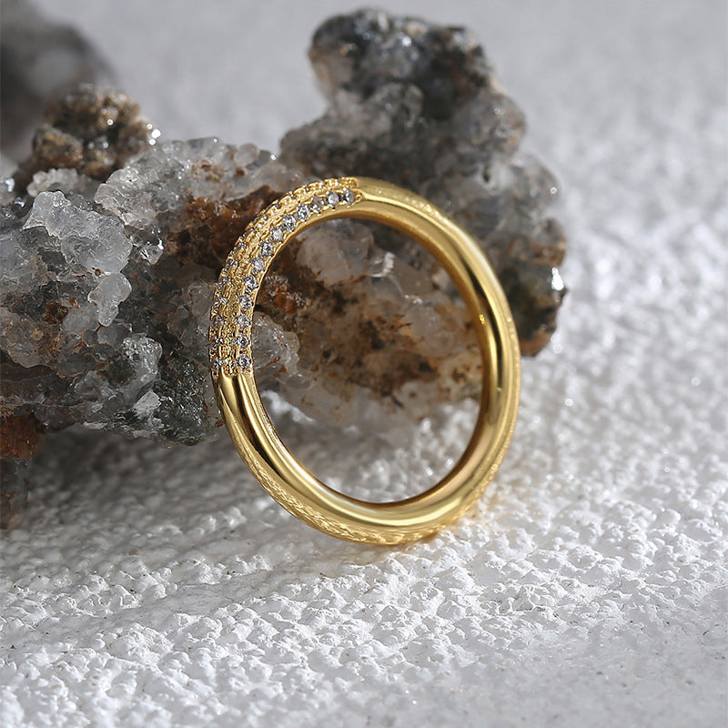 R0586 Simple Ring for Women, Brass with Gold Plating, Micro Pave White Zirconia Plain Band