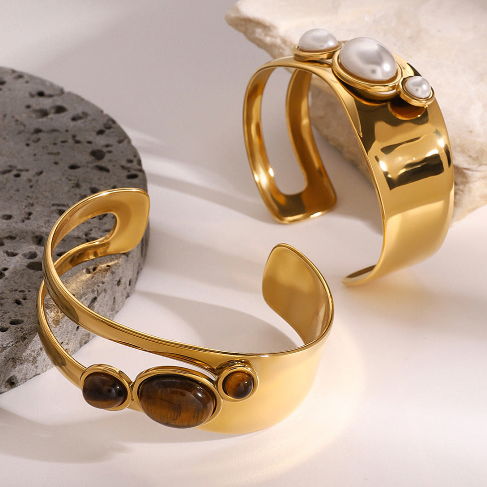 Stainless Steel Hollow Pearl Bracelet High Version Natural Stone Open Bangle