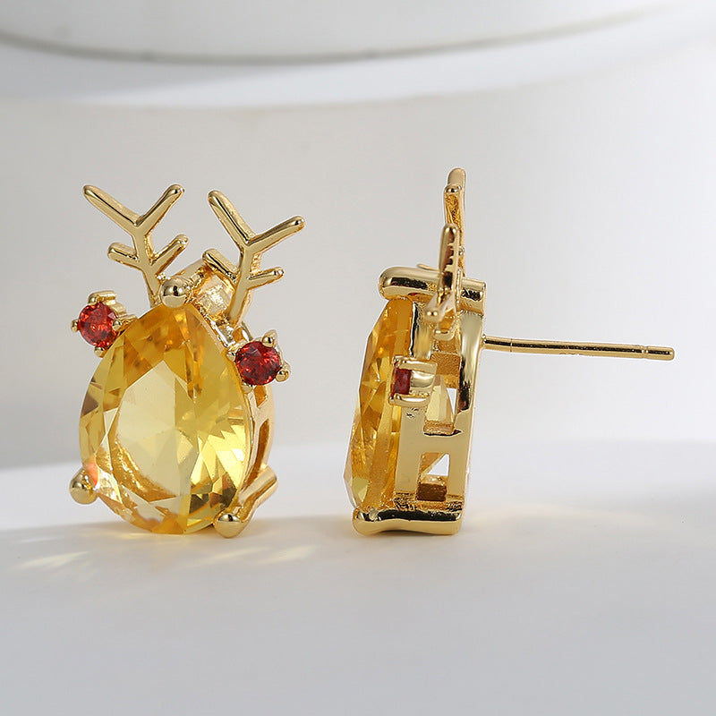 E0532 Christmas Ornaments Elk Shape Stud Earrings for Women Copper Plated Real Gold Zircon Holiday Earrings