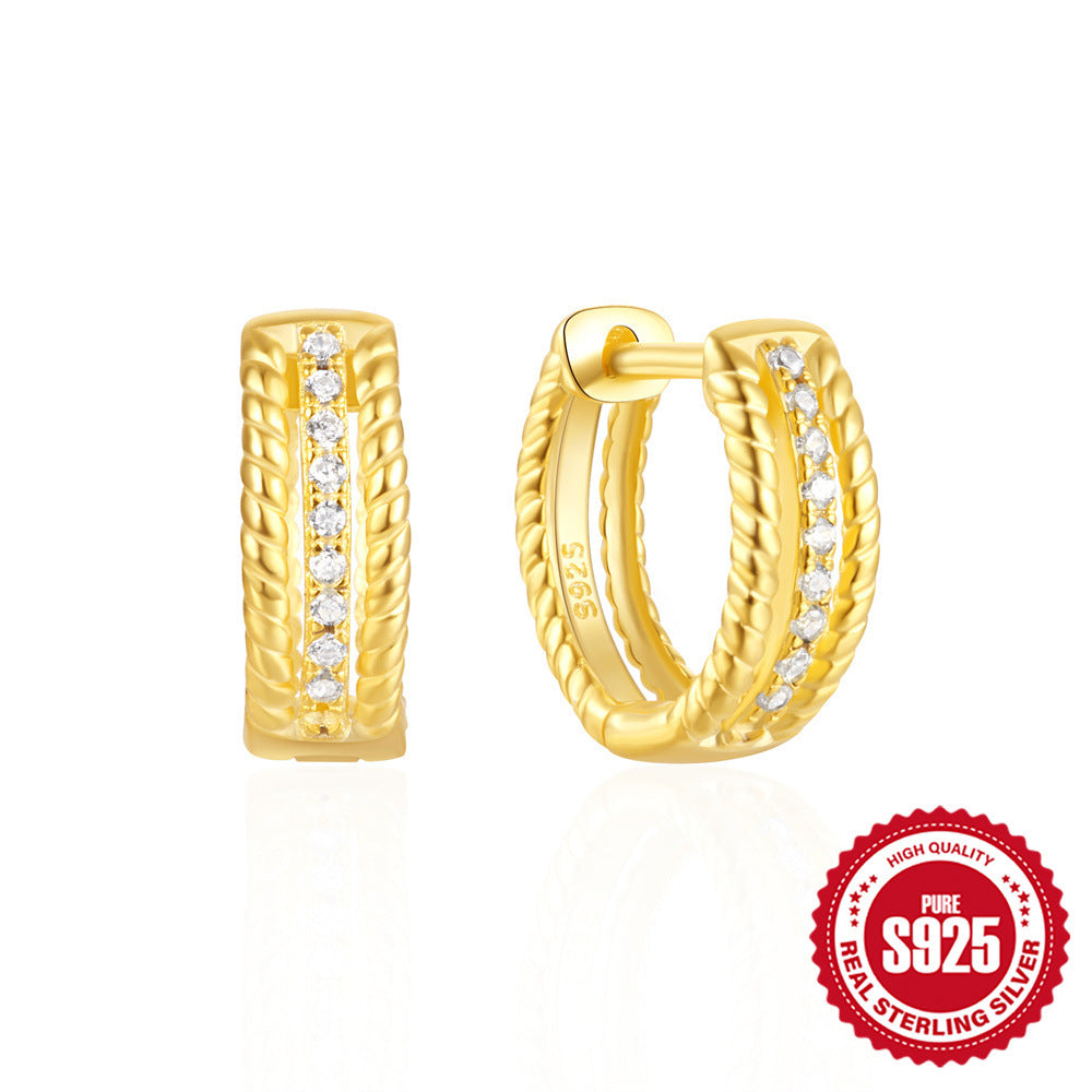 925Pure Silver Minimalist Leaf Geometric Inlaid Diamond Simple Hoop Earrings Hot-Selling High-End Earrings