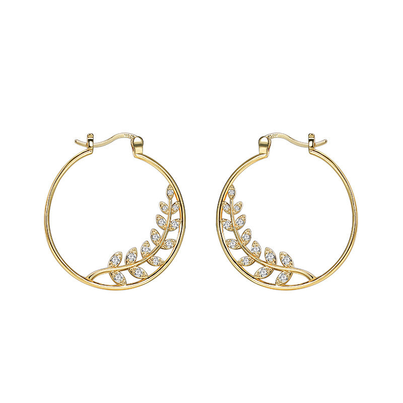 E0350 Copper Gold-Plated Leaf Hoop Earrings for Women, Simple Design, Round Branch Micro-Paved Zirconia Earrings, Lightweight