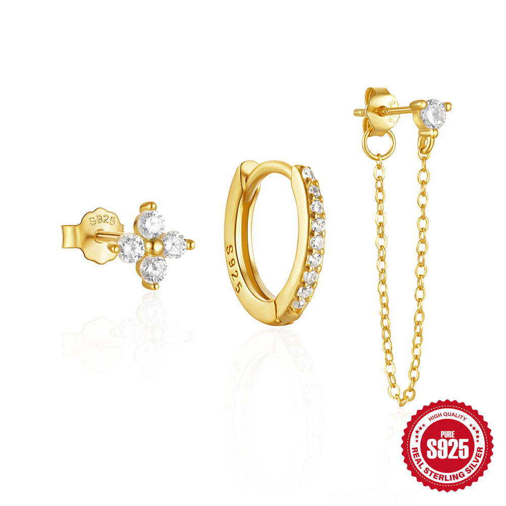 New925Sterling Silver Daily Matching Hoop Earrings with Diamond Inlay Chain Tassel Earrings Jewelry Set Hot Sale