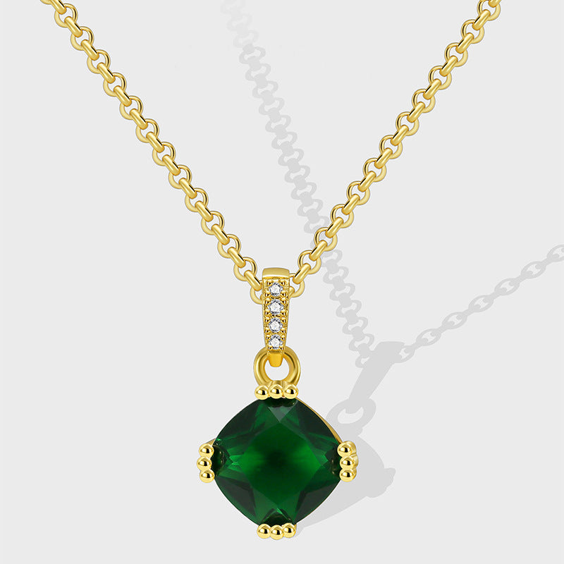 N0260 Fashion Tassel Chain Geometric Square Green Zircon Necklace for Women Micro Pave White Zircon Pendant