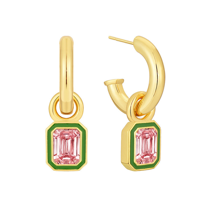 E0632 Elegant Retro Geometric Octagon Earrings for Women with Green Resin Inlaid Pink Zirconia