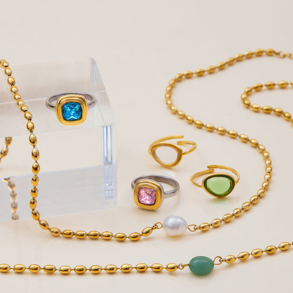 Golden Bean Pearl Necklace Jewelry Stainless Steel Natural Stone Ring