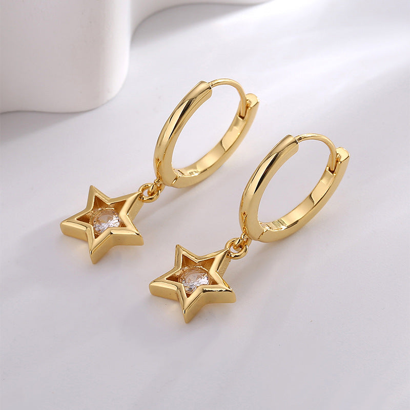 E0668 Fashion Simple Star-Shaped Pentagram Earrings for Women Copper Gold-Plated Zircon Star Earrings