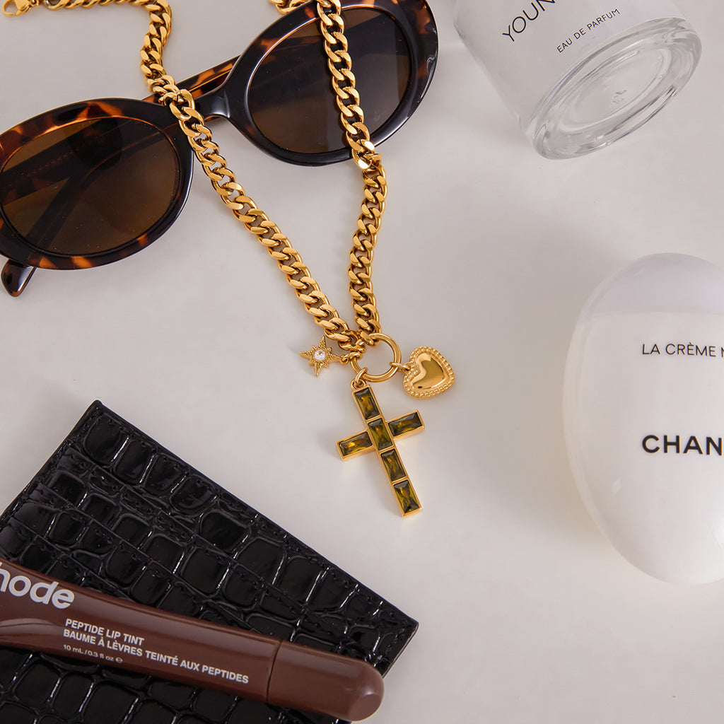 2H Zircon Cross Necklace Pendant Accessories Clavicle Chain Stainless Steel Jewelry