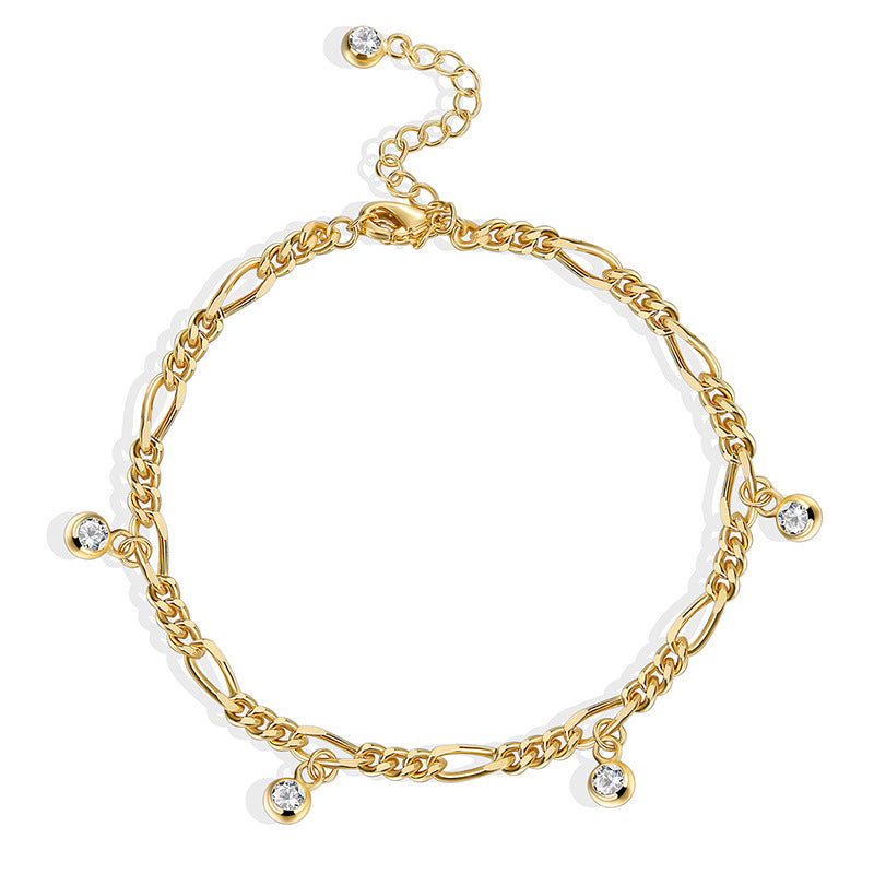 A0024 Hip-Hop Chain Zirconia Anklet for Women Copper Gold-Plated Fashion Retro Foot Jewelry