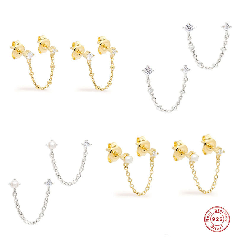 S925Pure Silver Wind Tassel Ear Thread Chain Style Single Diamond Pearl Earrings Stud Hot Selling Wind Ear Jewelry