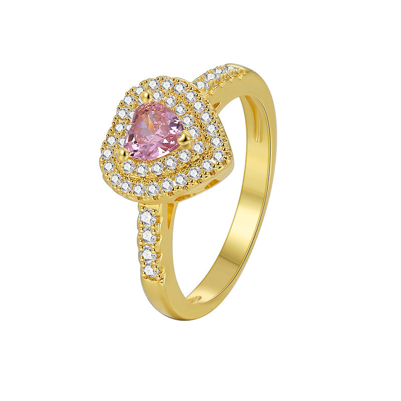 R0537 Fashion Cute Heart-Shaped Pink Zircon Ring for Women Micro-Paved White Zircon Type Ring